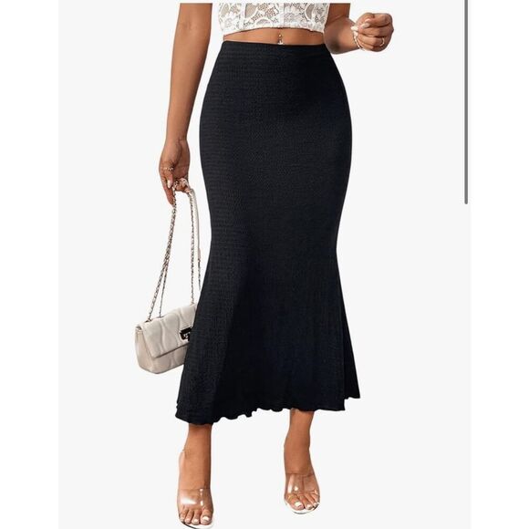 NEW Black Crinkle Pencil Skirt Lettuce Trim Midi Skirt Dress XL - Picture 1 of 6